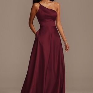 David's Bridal One Shoulder Satin A-Line Bridesmaid Dress - Size 0, "Wine" color
